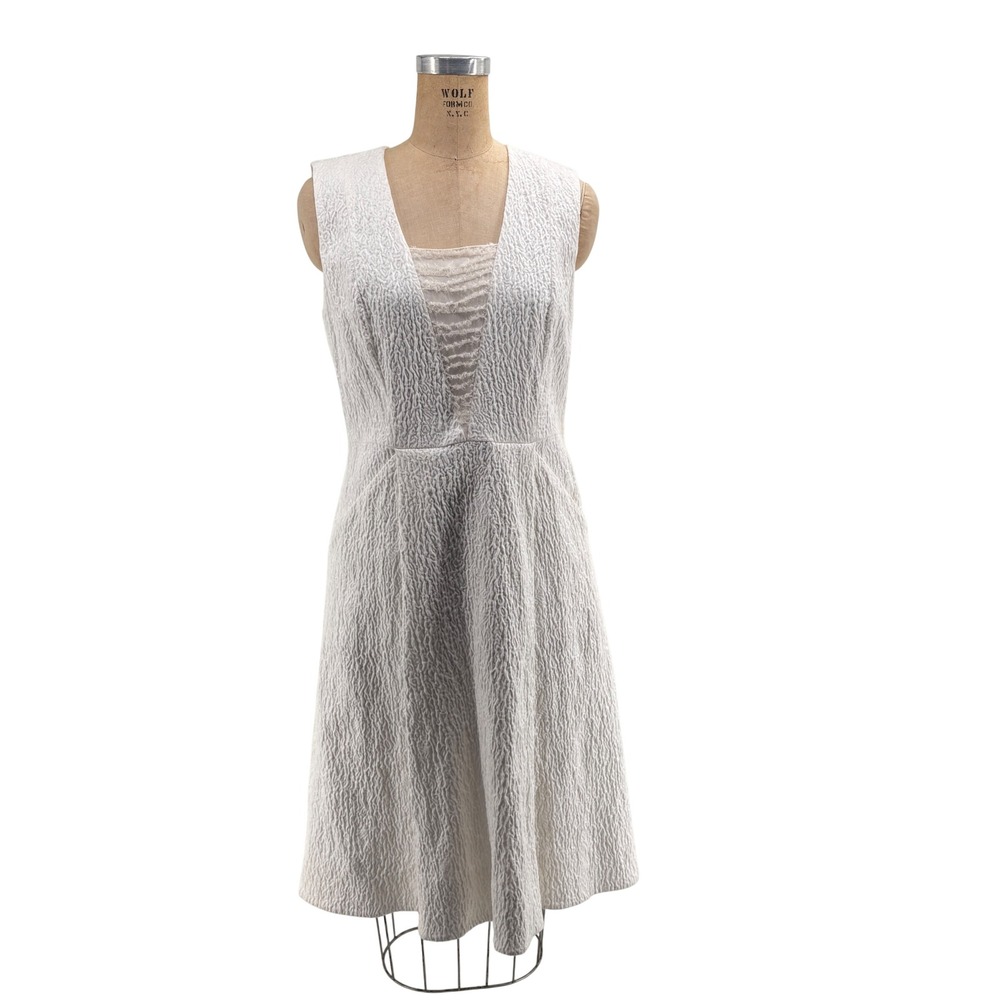 Elie‎ Tahari White Textured A-Line Midi Dress Sleeveless V-Neck Rehearsal Dinner